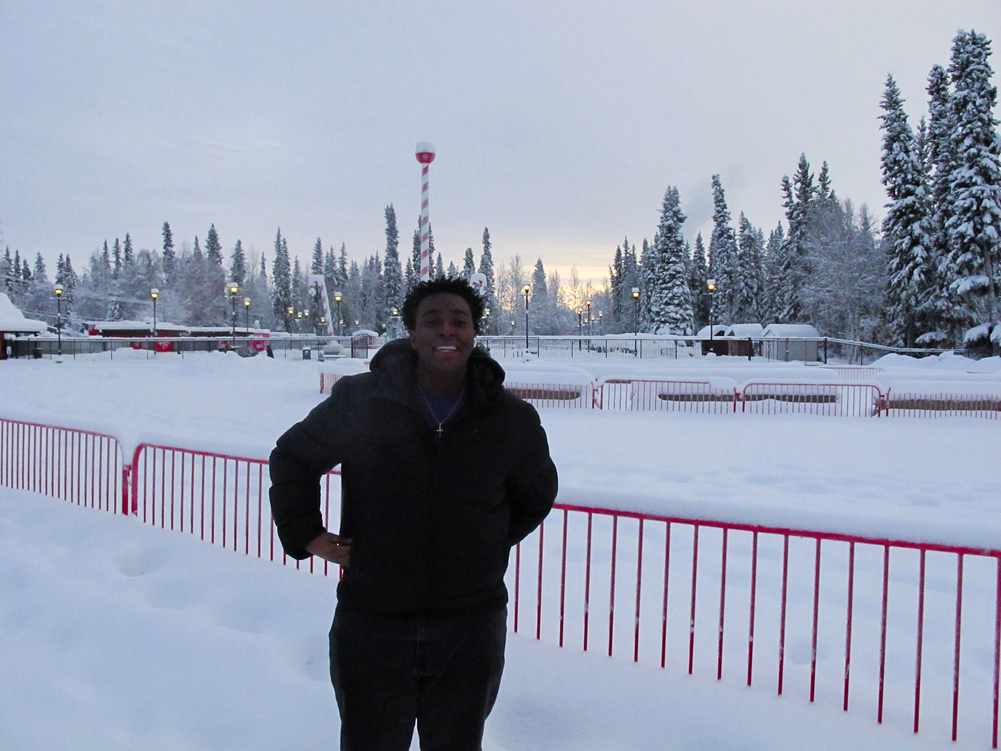 Richard at a snowy holiday village